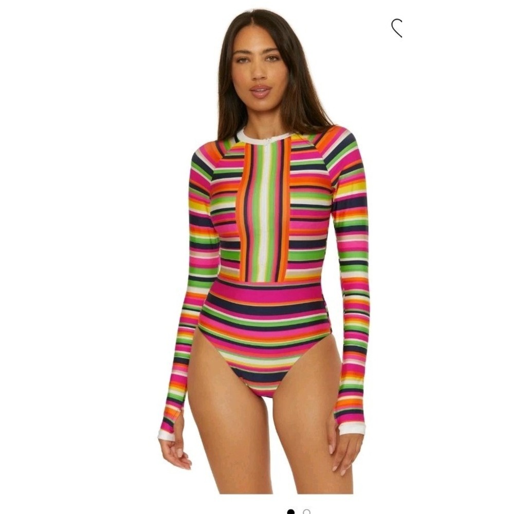Trina Turk Longsleeve Splash Stripe 1-piece Paddle Swimsuit  L Beach UPF 50 NWT